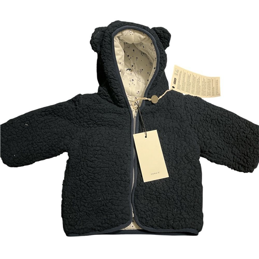 name it Charming Navy Blue Kids Puffer Jacket with Bear Ears